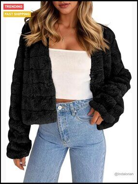 Crop Faux Fur Jacket Long Sleeve Open Front Fluffy Short Coat